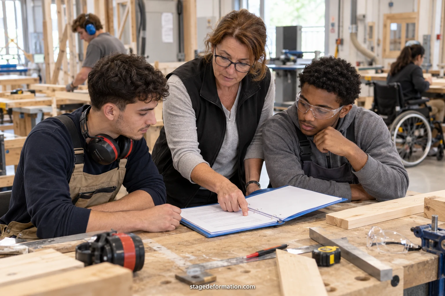 Adultos en formación profesional trabajando alrededor de una máquina en un taller, con un formador que los guía