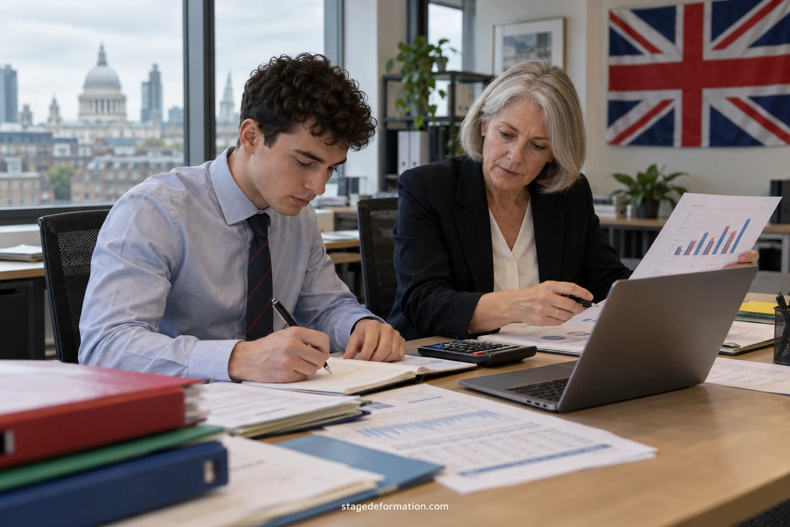 Jeune stagiaire en finance travaillant sur un rapport de contrôle avec une collègue dans un bureau londonien