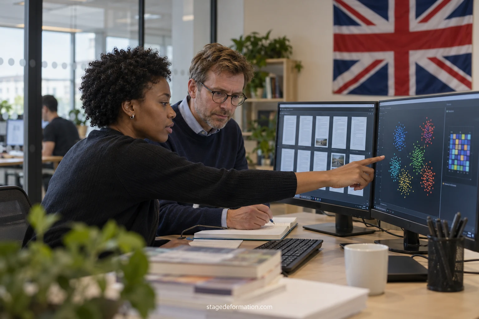 Students in front of a screen comparing results from a document search prototype in an AI laboratory
