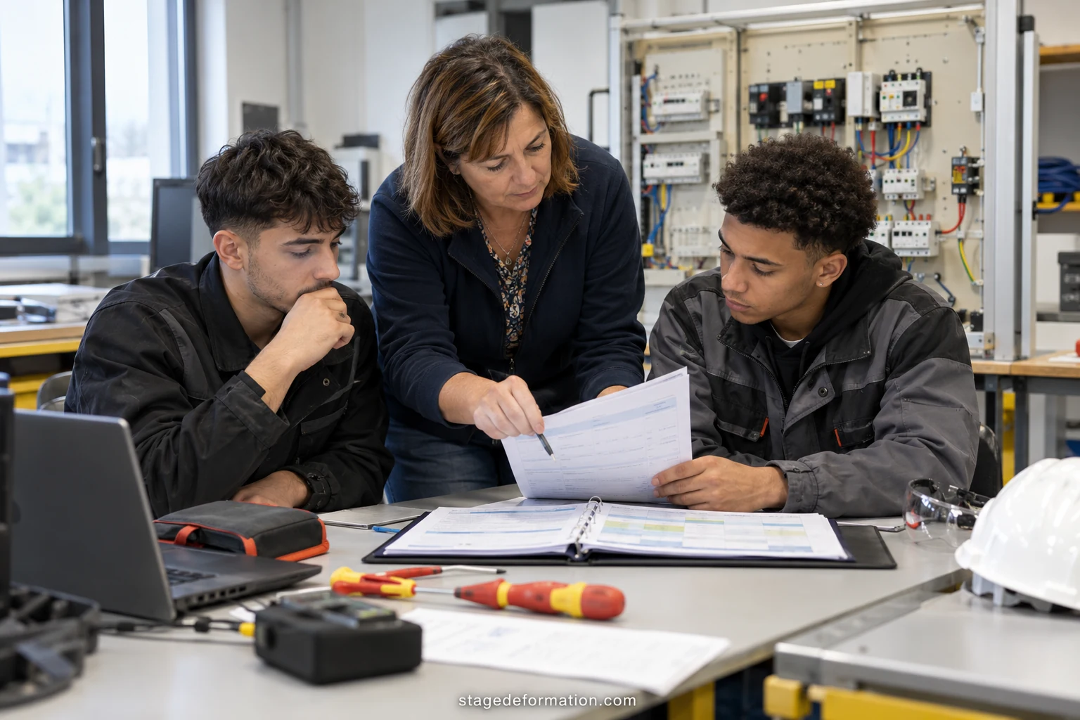 Joven aprendiz en un taller conversando con su tutor de aprendizaje delante de una nómina