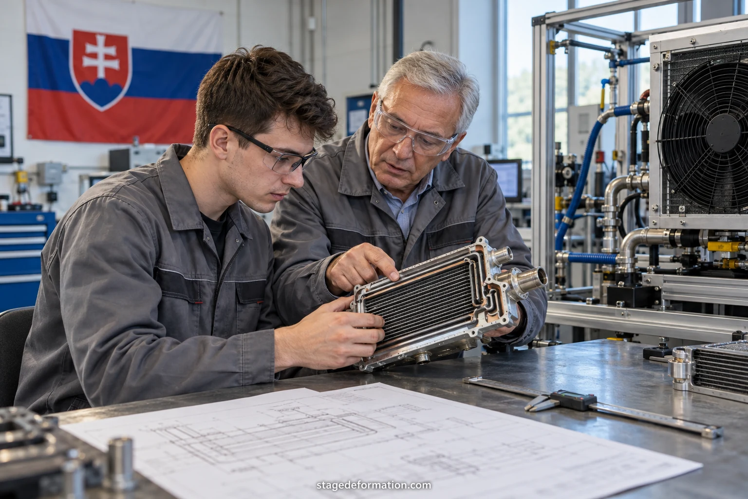 Étudiants en ingénierie examinant un composant mécanique avec un technicien dans un atelier industriel en Slovaquie