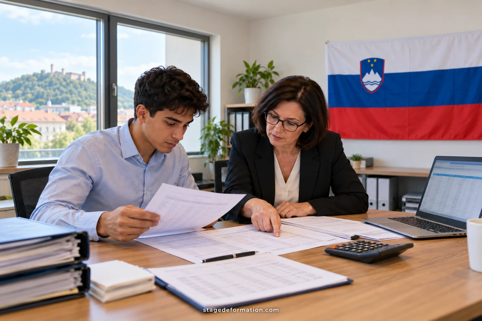 Stagiaire et conseillère étudiant ensemble des pièces comptables sur un bureau d’agence bancaire à Ljubljana