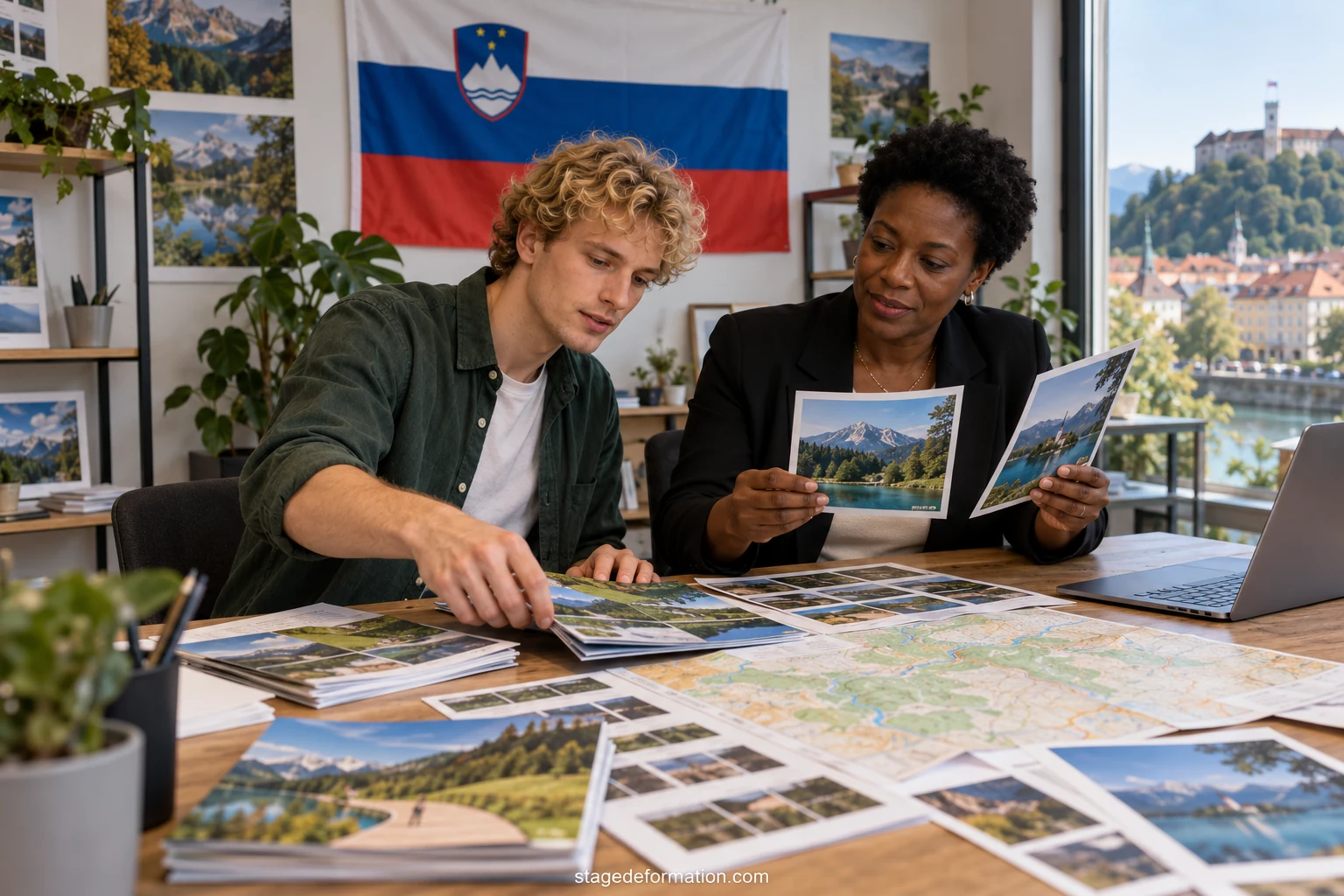 Odprta turistična brošura na mizi z zemljevidom, fotografijami pokrajin in delovnimi zapiski študenta