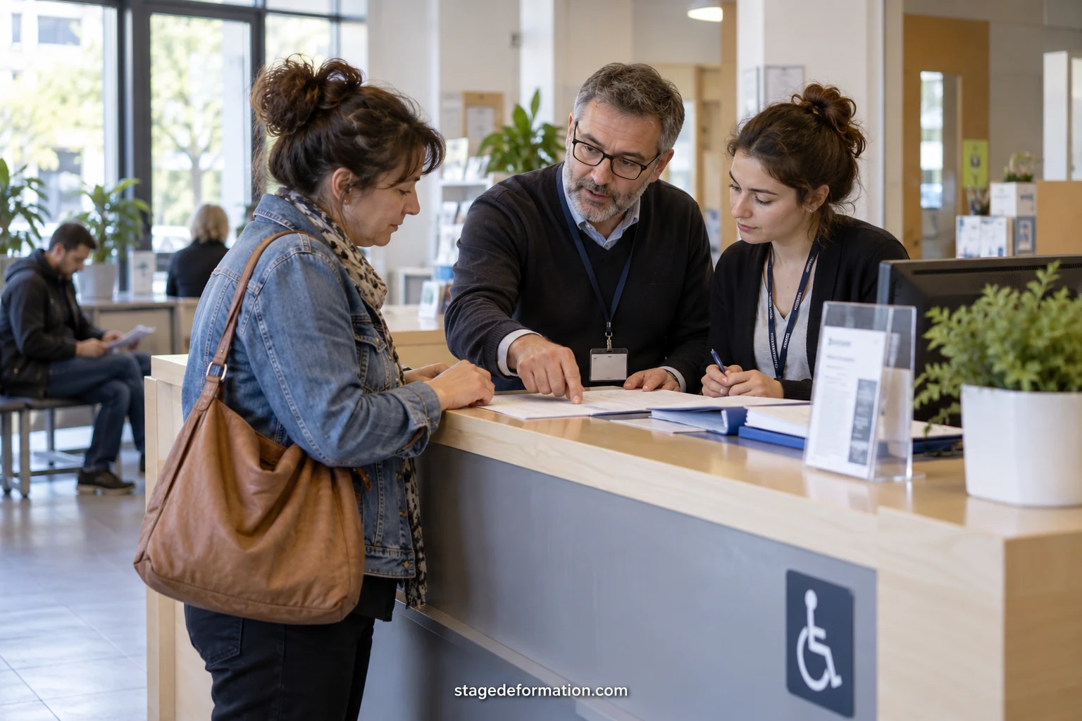 Mitarbeiterin am Empfang und junge Praktikantin im Gespräch mit einem Besucher am Schalter eines Rathauses