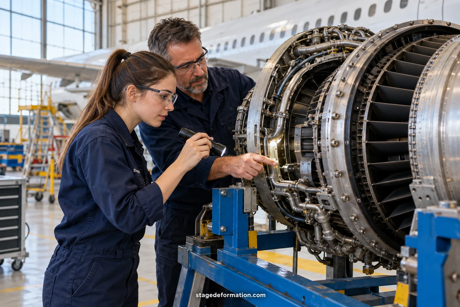 Technicien aéronautique inspectant un moteur d’avion dans un hangar de maintenance éclairé