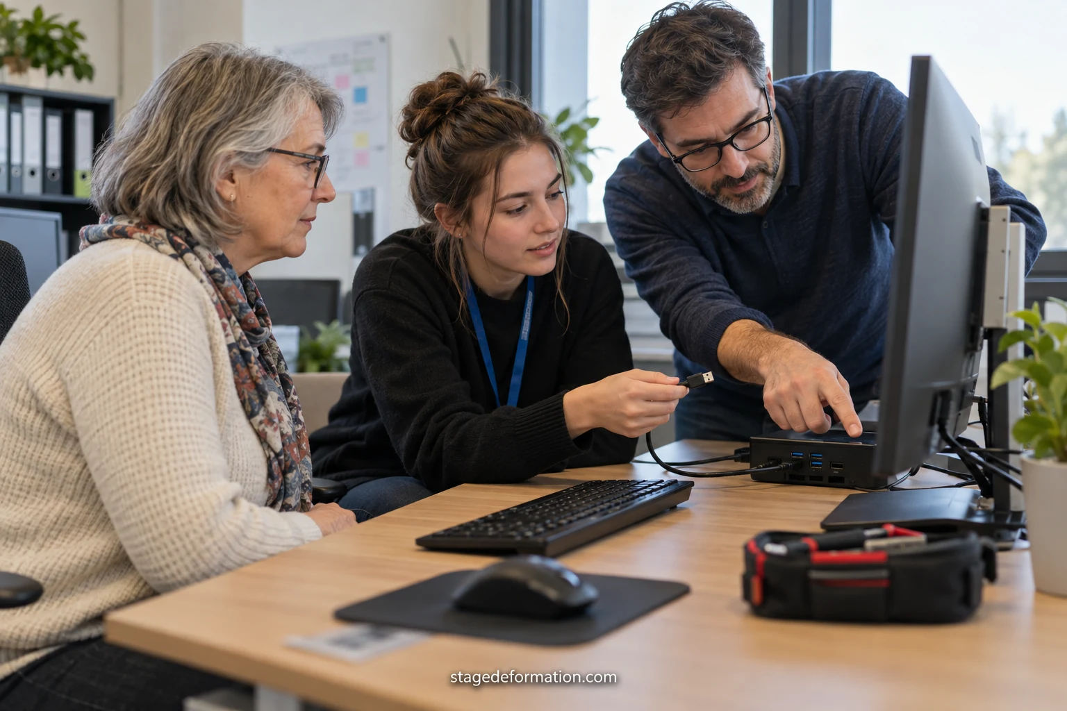Technicien en assistance informatique aidant une utilisatrice devant un ordinateur portable dans un bureau
