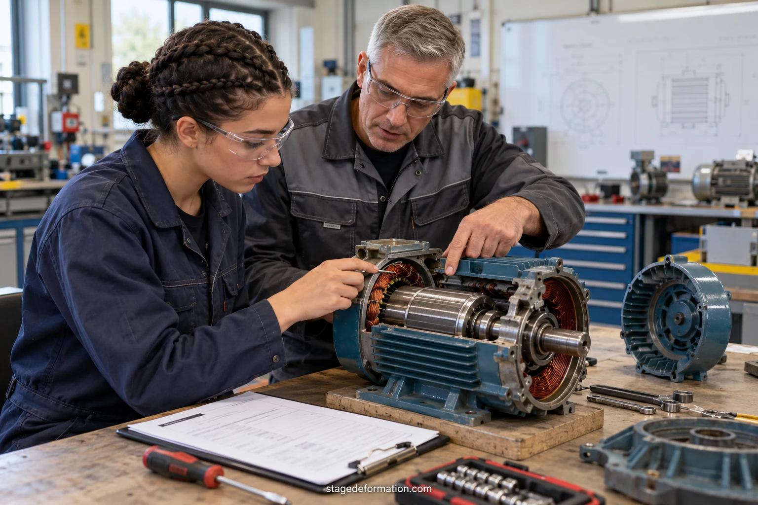 Alumno de bachillerato profesional trabajando en una instalación eléctrica junto a su tutor en un taller de empresa