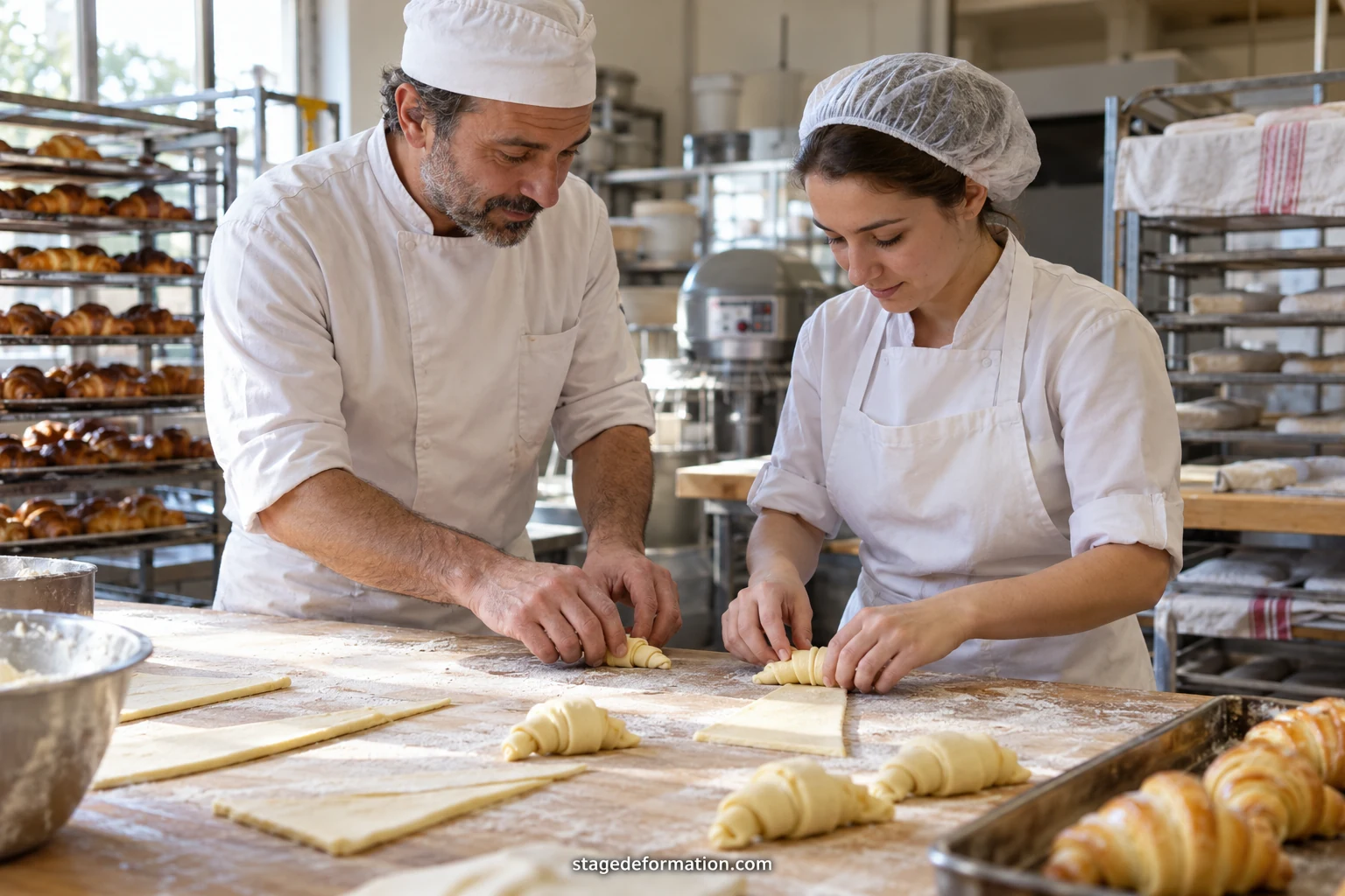 Apprenti en tenue blanche façonnant des pâtons de pain sur un plan de travail dans un fournil