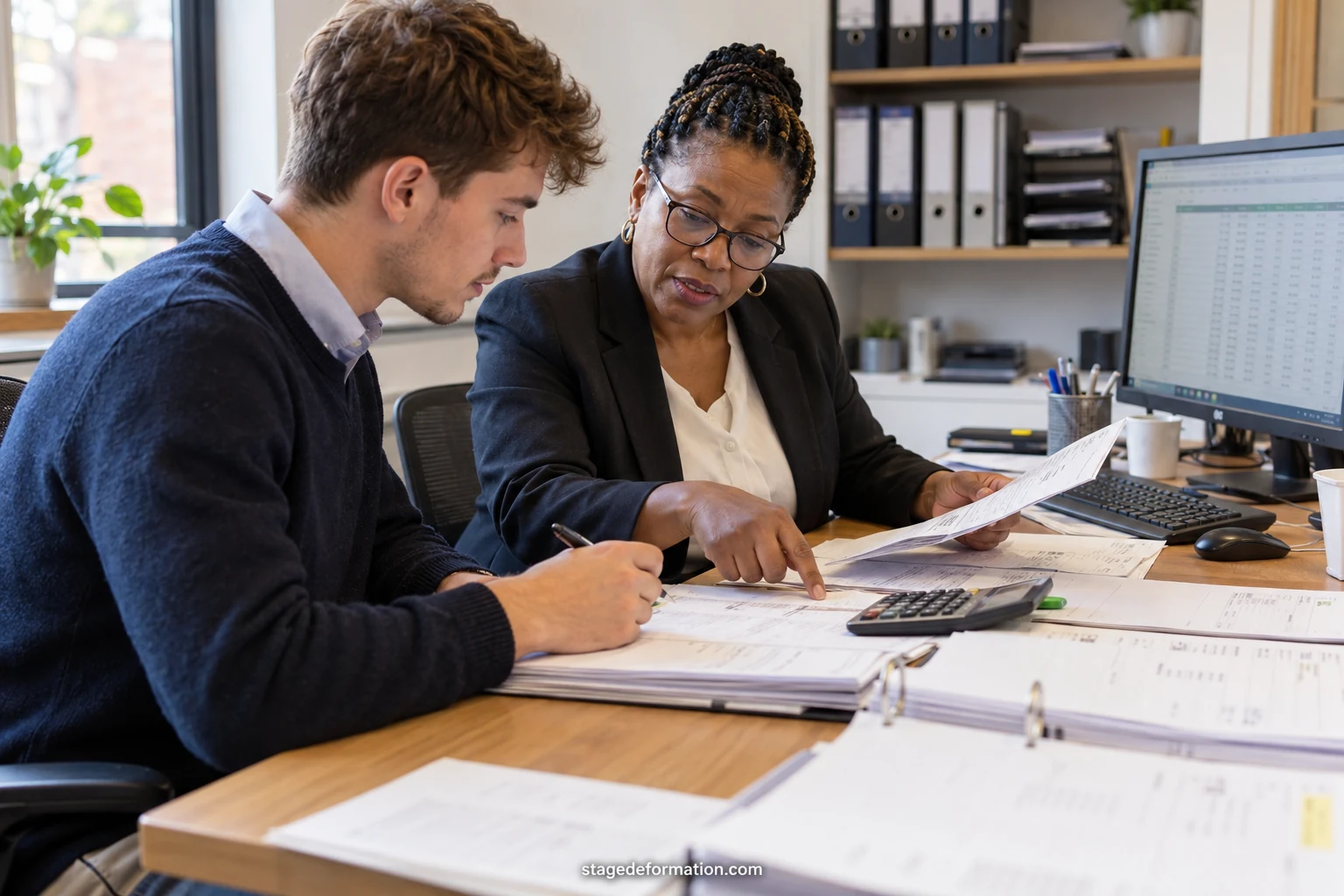Étudiante en comptabilité vérifiant des écritures sur un ordinateur à côté de classeurs de pièces justificatives
