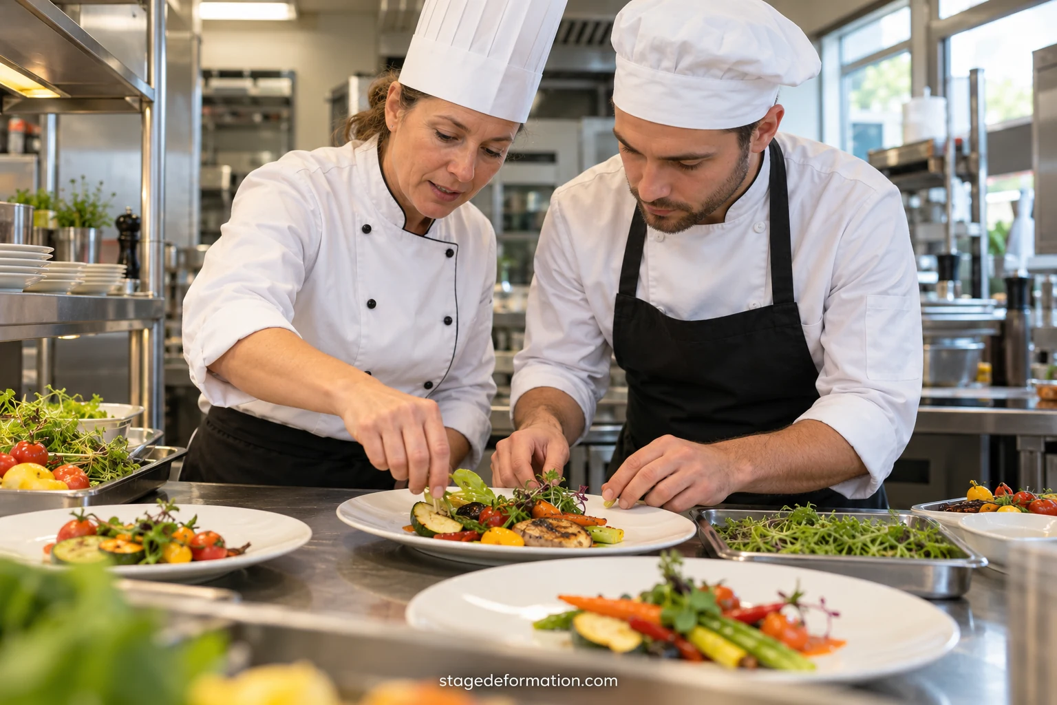 Cuisiniers en veste blanche dressant des assiettes au passe d'une cuisine professionnelle pendant le service