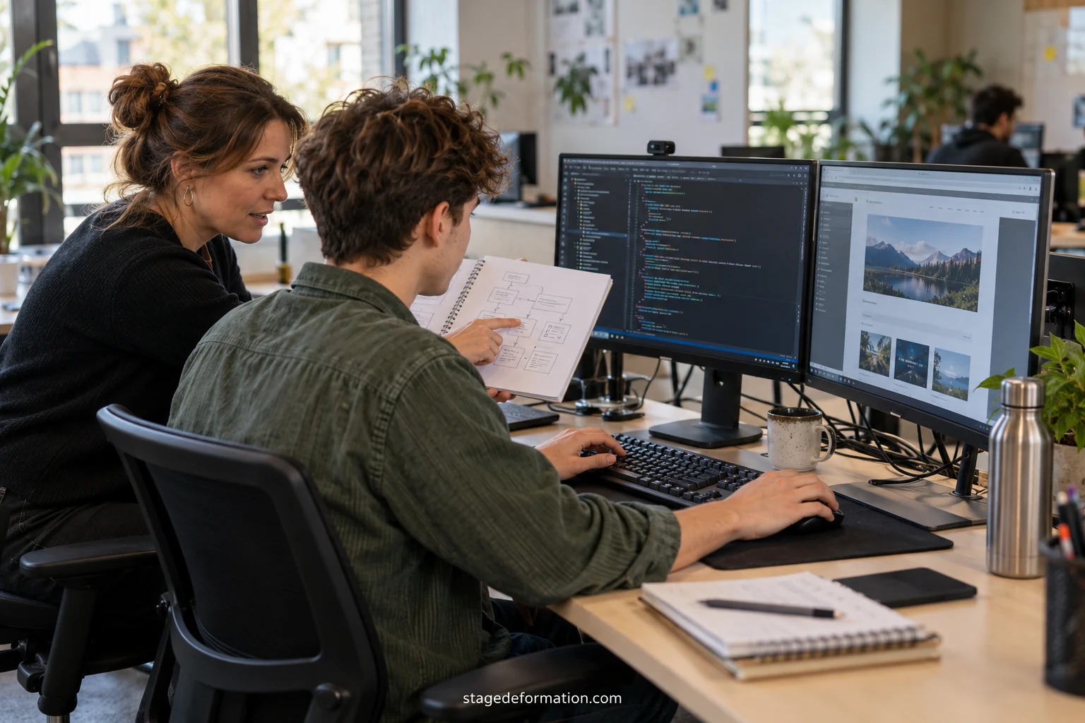 Student developer working on code on a screen next to an experienced colleague in an open-plan office