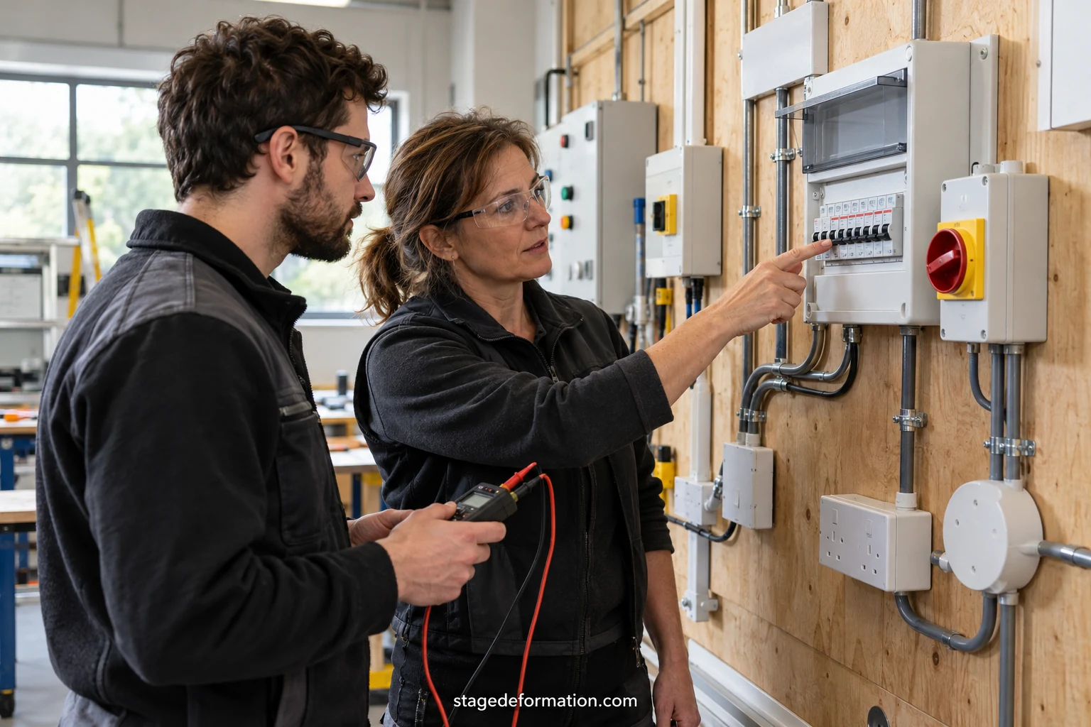 Electrician connecting cables inside an open electrical panel during an installation in a building