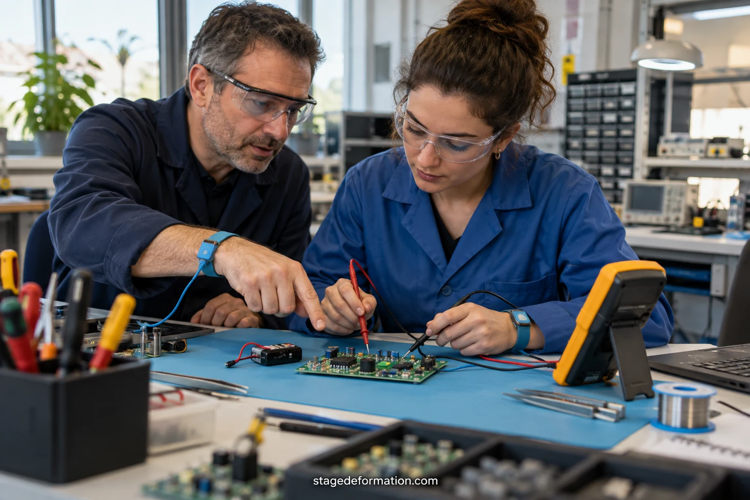 Technician in a lab coat measuring a signal on an oscilloscope at a test bench with electronic boards
