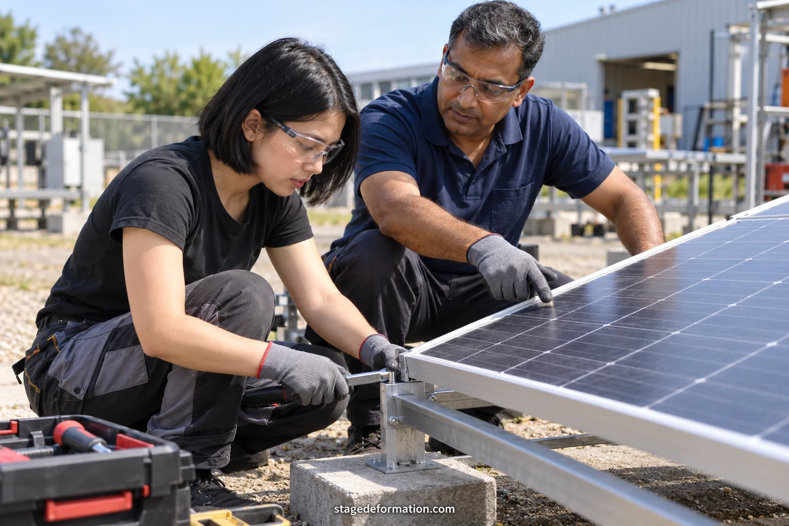 Técnico y persona en prácticas observando paneles solares instalados en un tejado, con una tableta en la mano