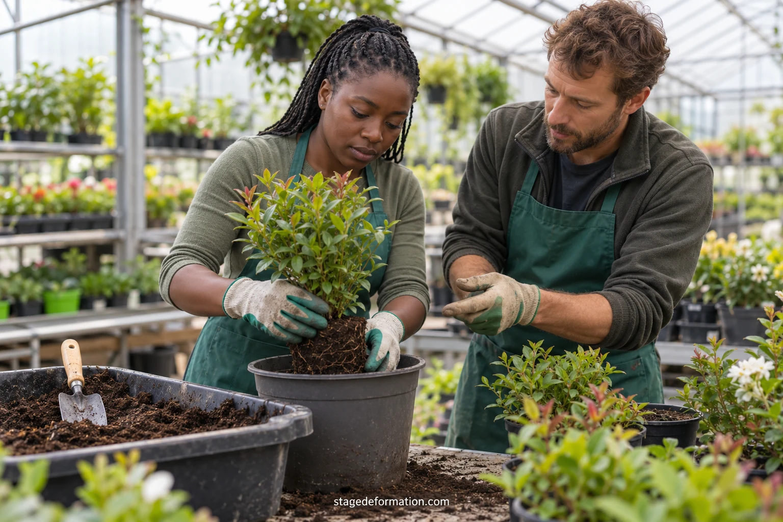 Persona en prácticas con guantes plantando jóvenes plantas en un macizo bajo la mirada de un jardinero paisajista