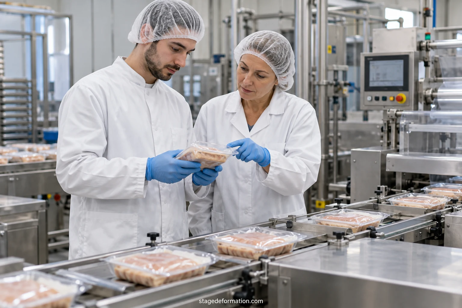 Intern wearing a white coat and hairnet watching products on a packing line inside a food factory