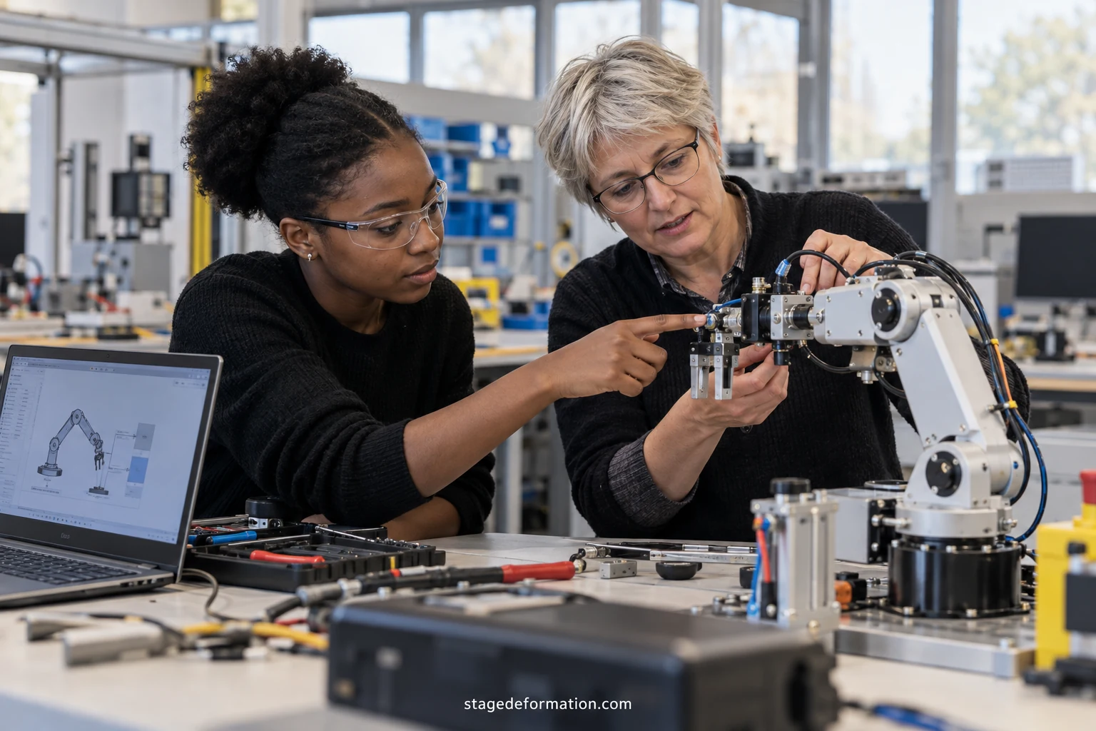 Étudiants d'IUT échangeant avec un tuteur autour d'un projet dans un atelier technique