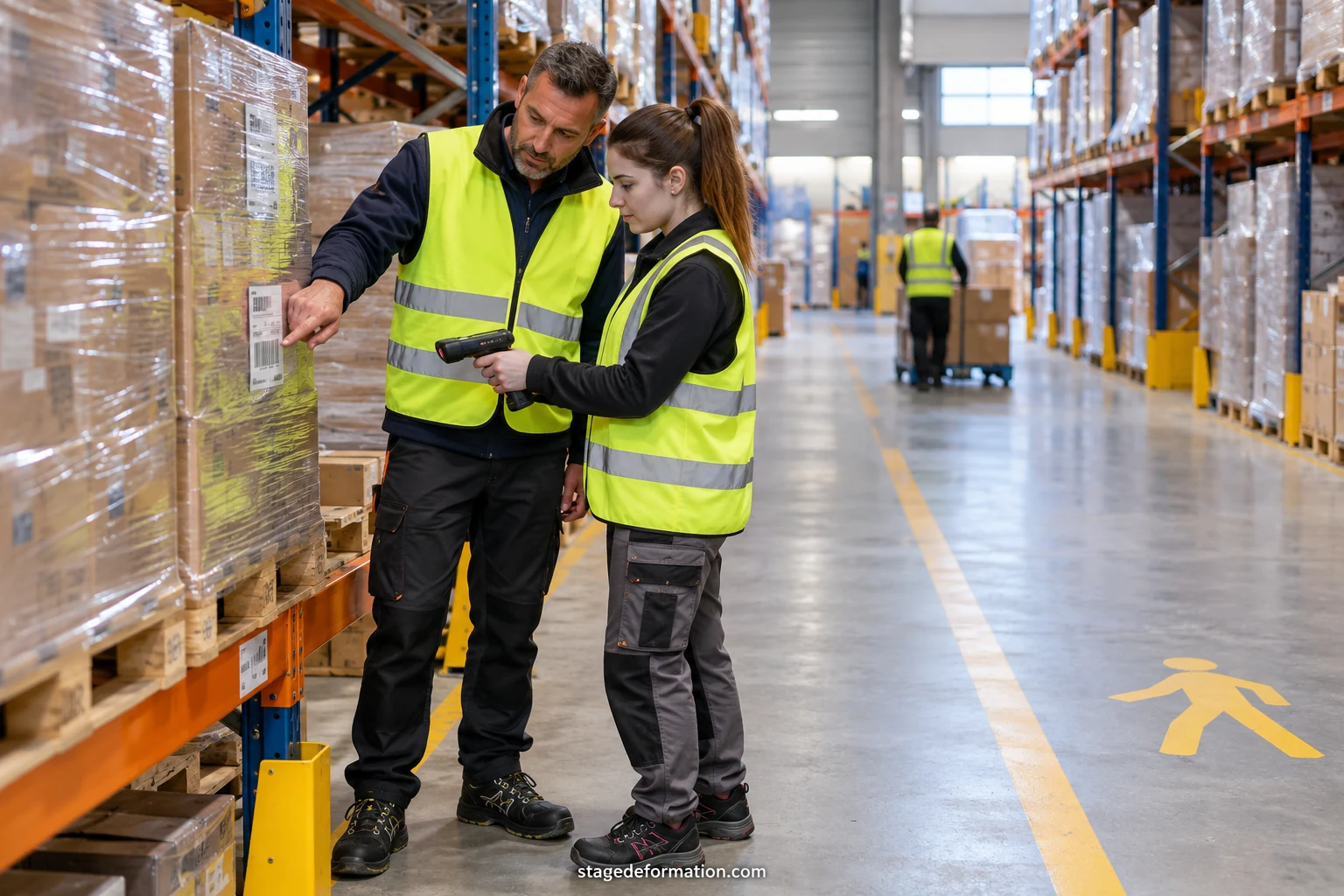 Order picker checking palletised parcels in a logistics warehouse using a handheld terminal