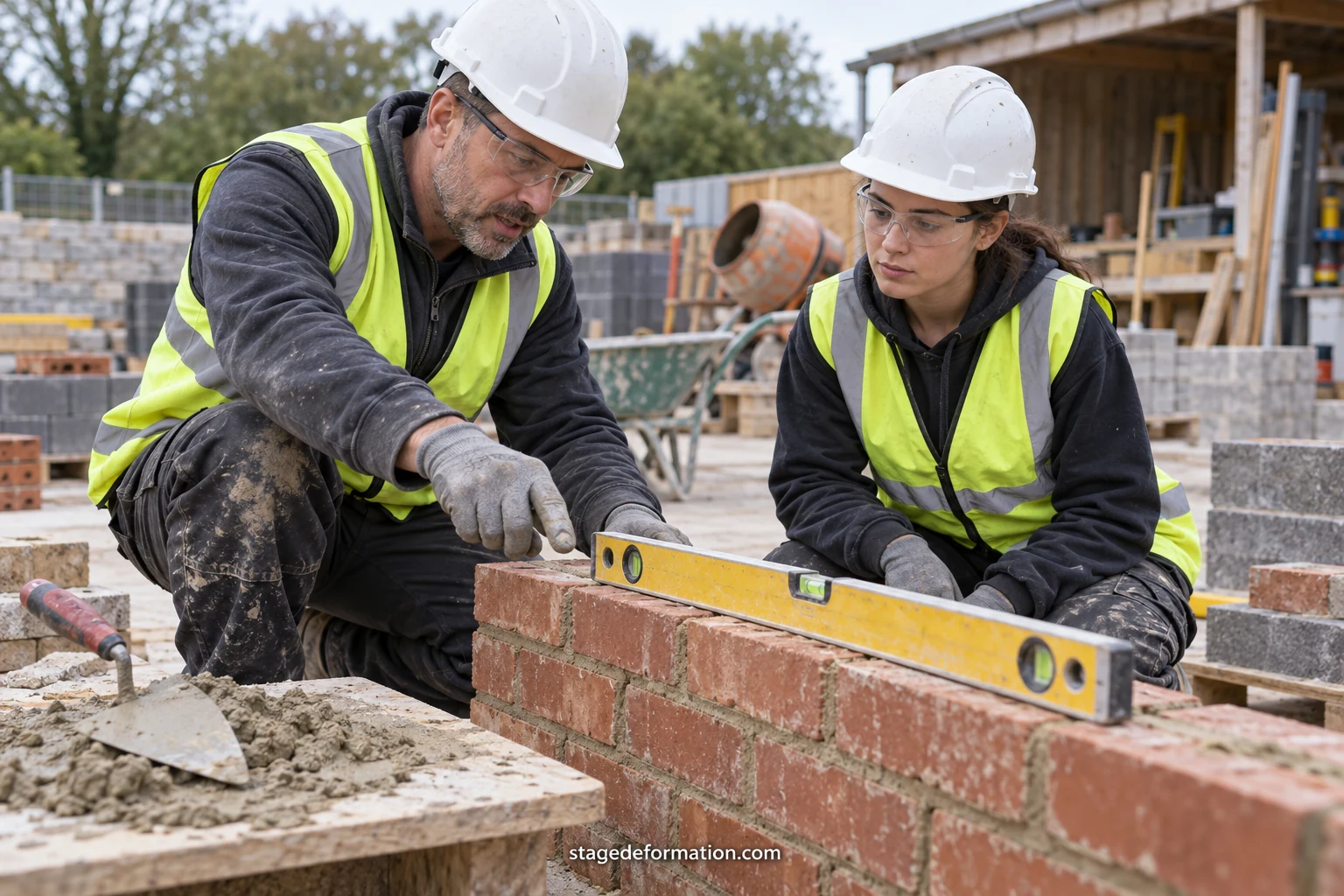 Masons on a building site laying a concrete block wall with a trowel, level and string line