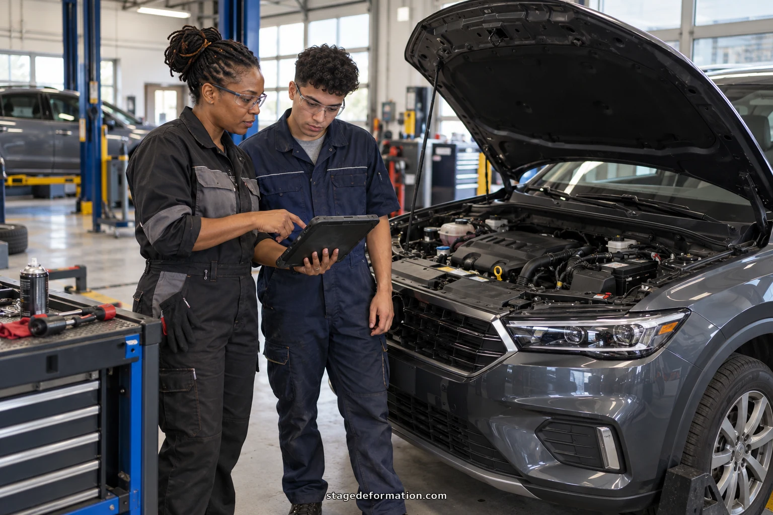 Apprentice mechanic examining an engine under the bonnet of a car in a repair workshop