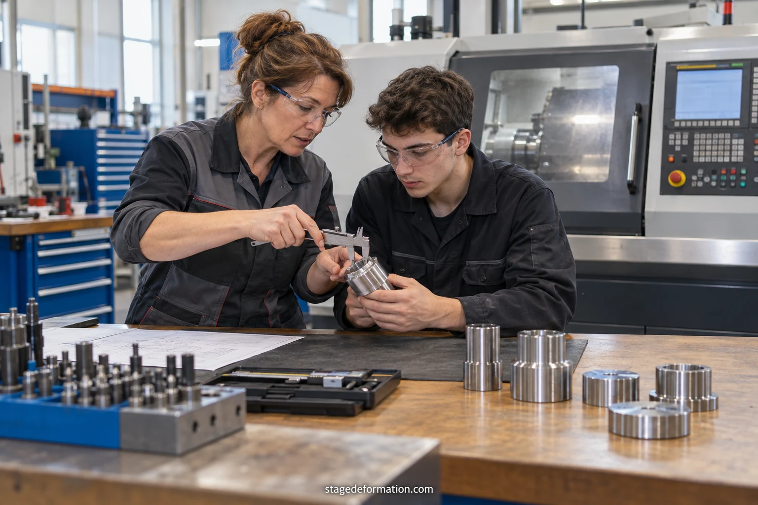 Operator measuring a machined metal part with an inspection instrument in a mechanical engineering workshop
