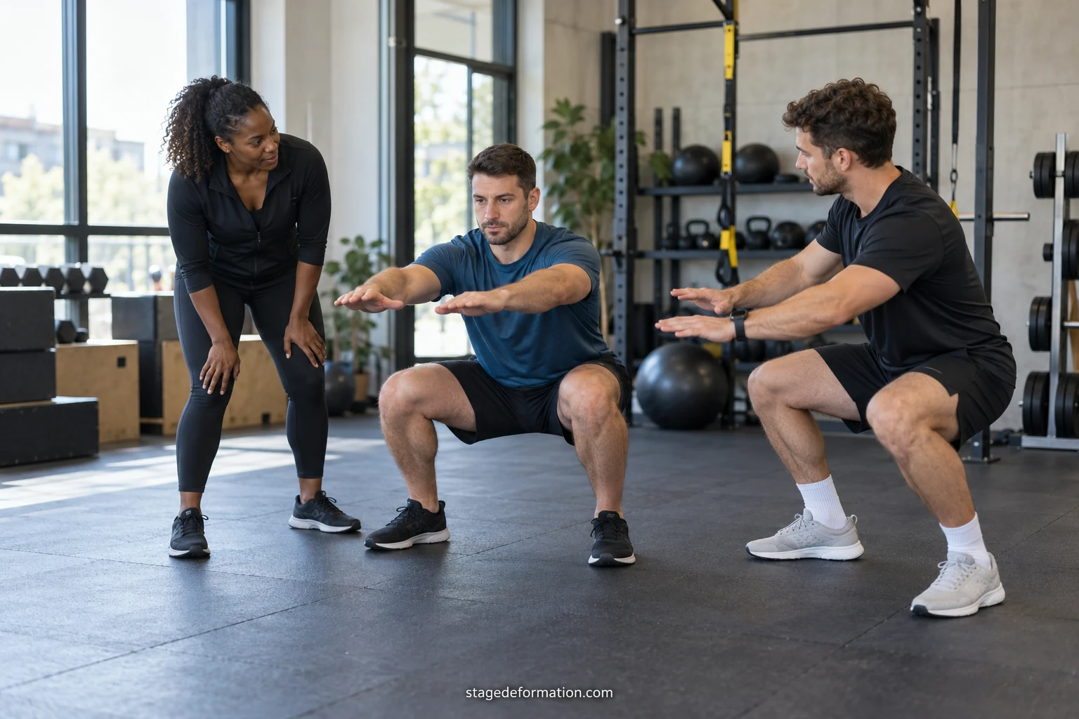 Sporttrainer erklärt in einer hellen Turnhalle einer kleinen Gruppe von Kindern eine Übung, alle hören aufmerksam zu