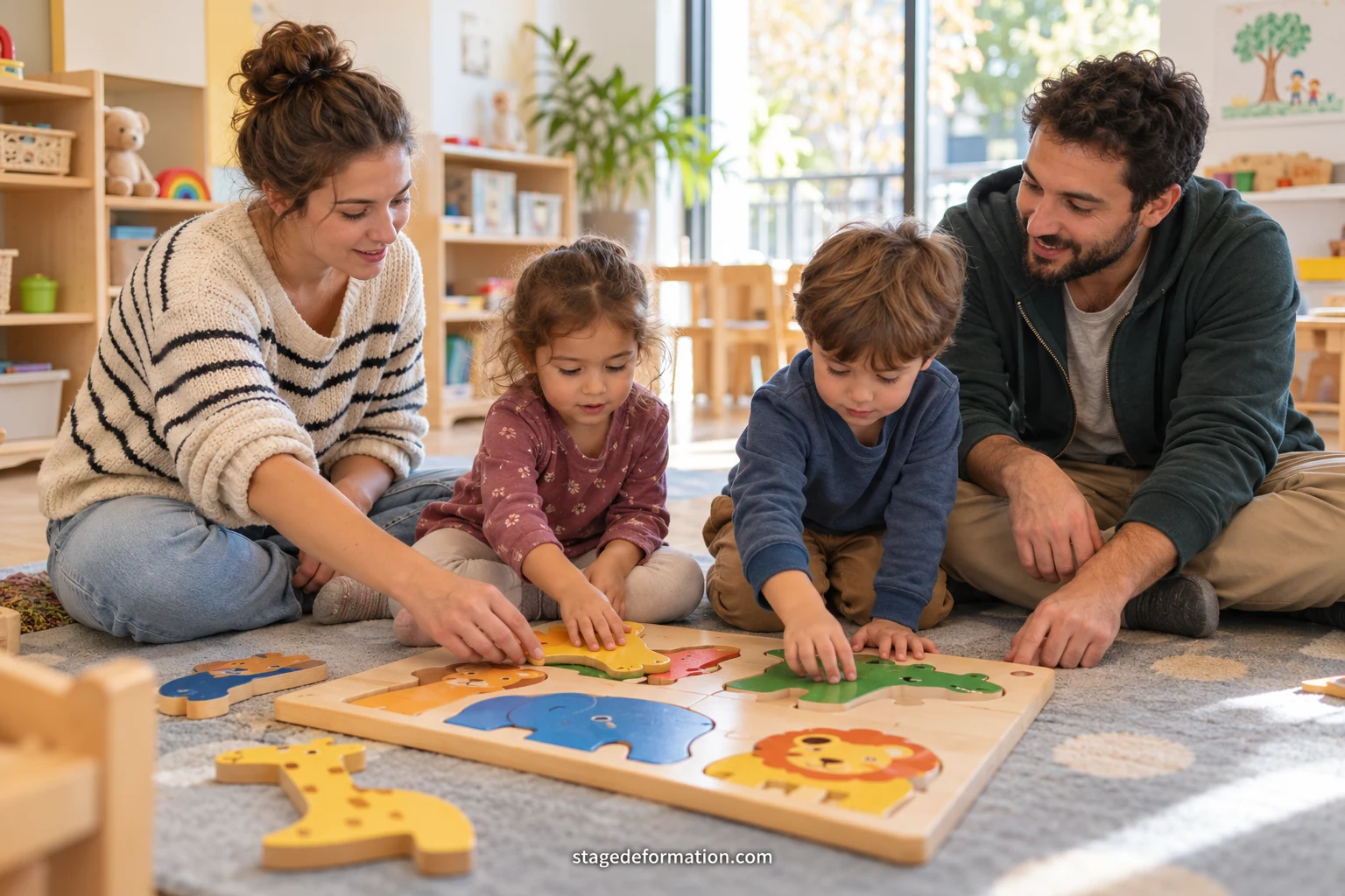 Krippenfachkraft sitzt auf dem Boden und spielt mit drei kleinen Kindern an Holzspielzeug