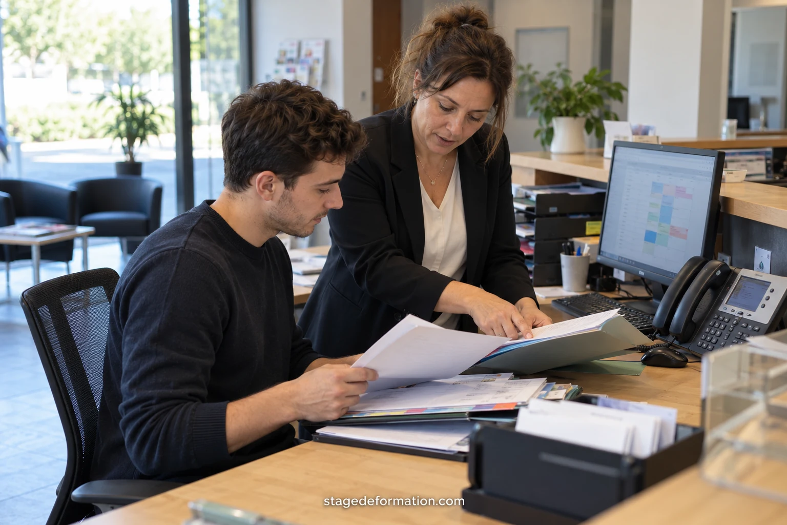 Asistente administrativa trabajando en su mesa con un ordenador, una agenda y expedientes archivados