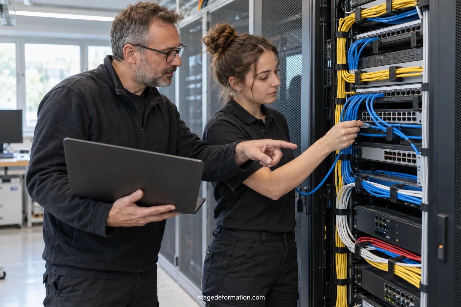 Technicien en salle informatique branchant des câbles réseau sur des baies de serveurs sous le regard d'un tuteur