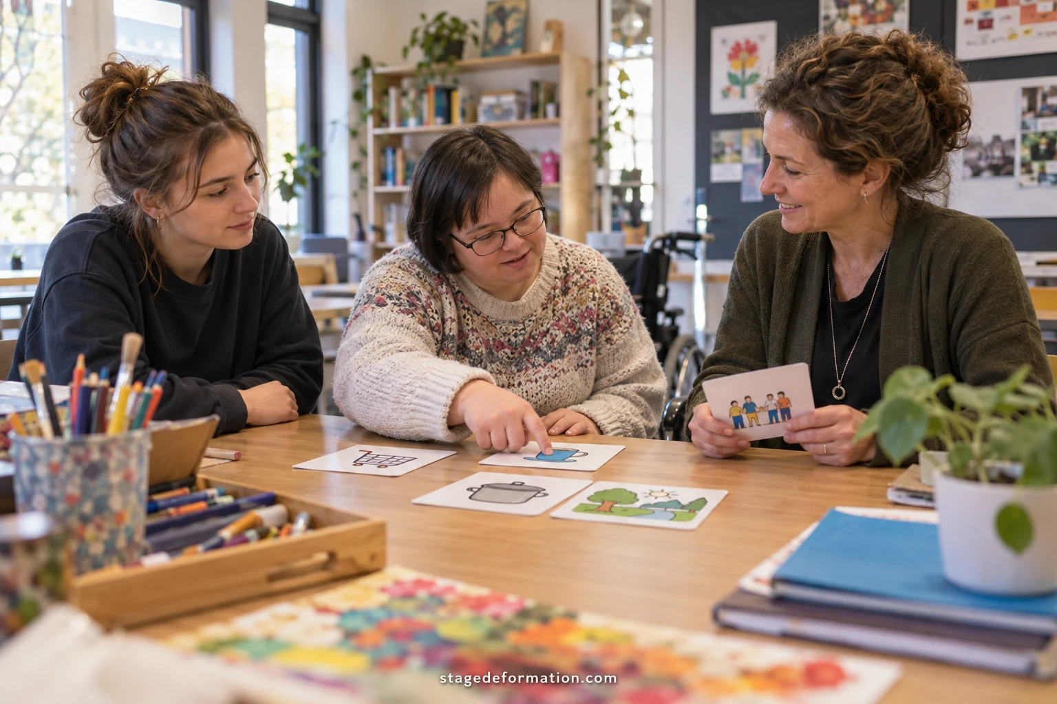 Educator and young participant taking part in a group activity in a specialised care setting