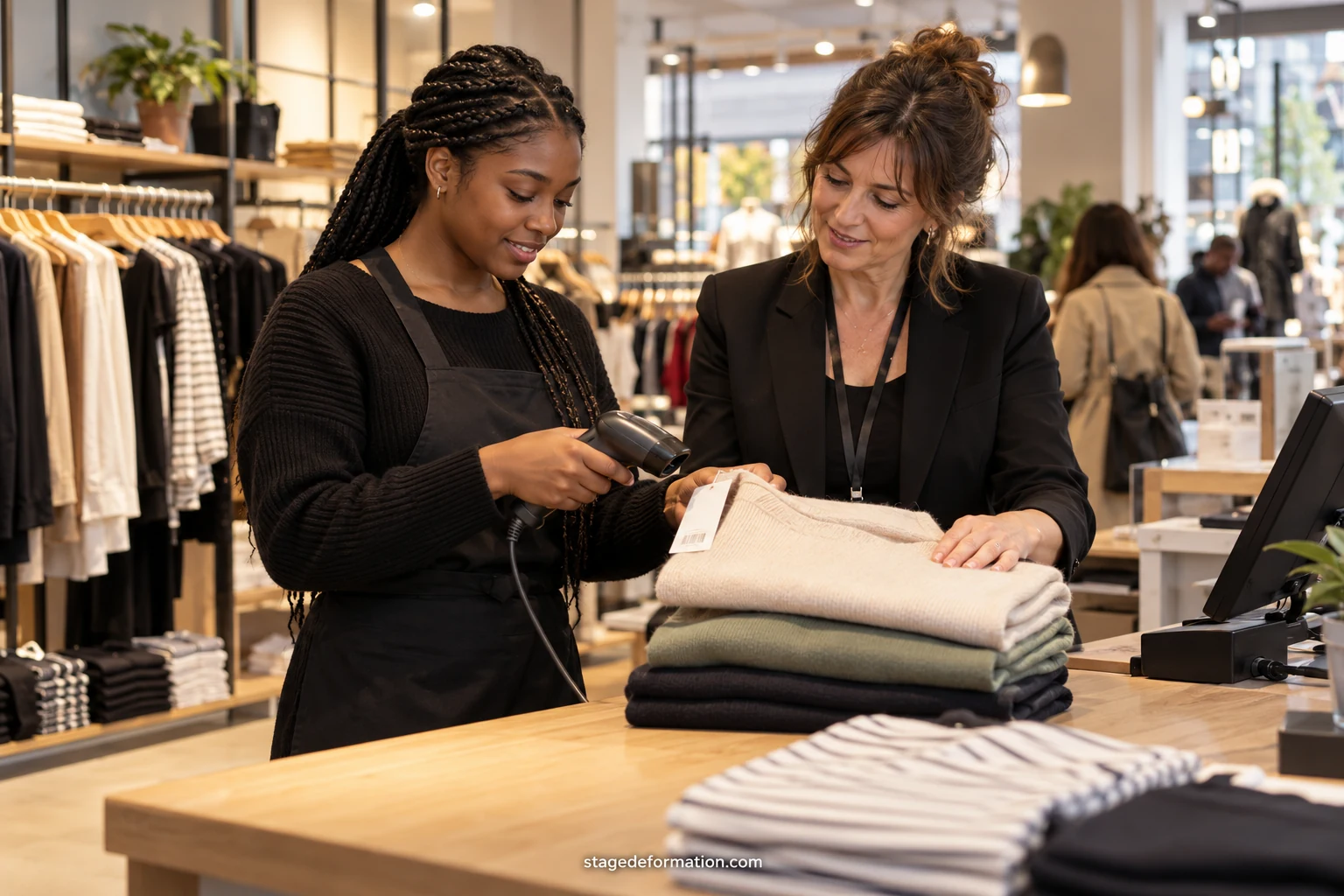 Vendeuse en tablier aidant un client devant un rayon de produits dans un magasin lumineux