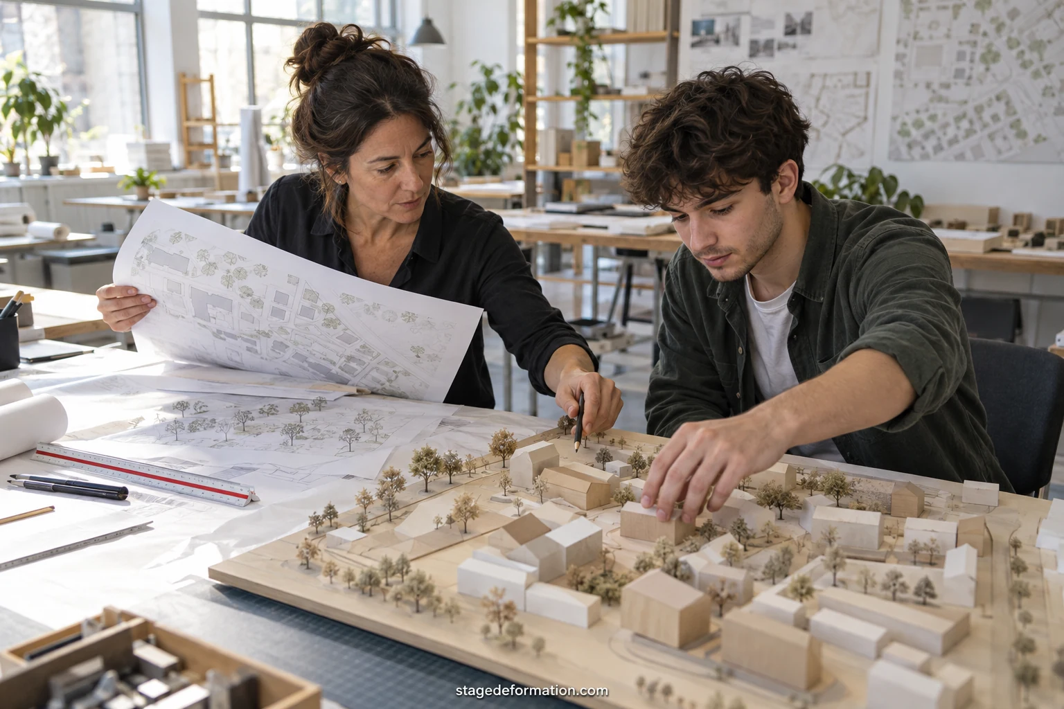 Étudiants en architecture examinant une maquette de quartier et des plans sur une grande table