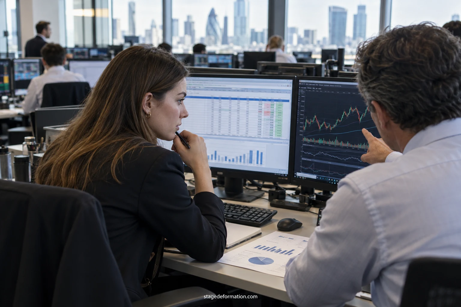 Analystes financiers travaillant devant plusieurs écrans affichant des cours et des graphiques dans une salle de marchés