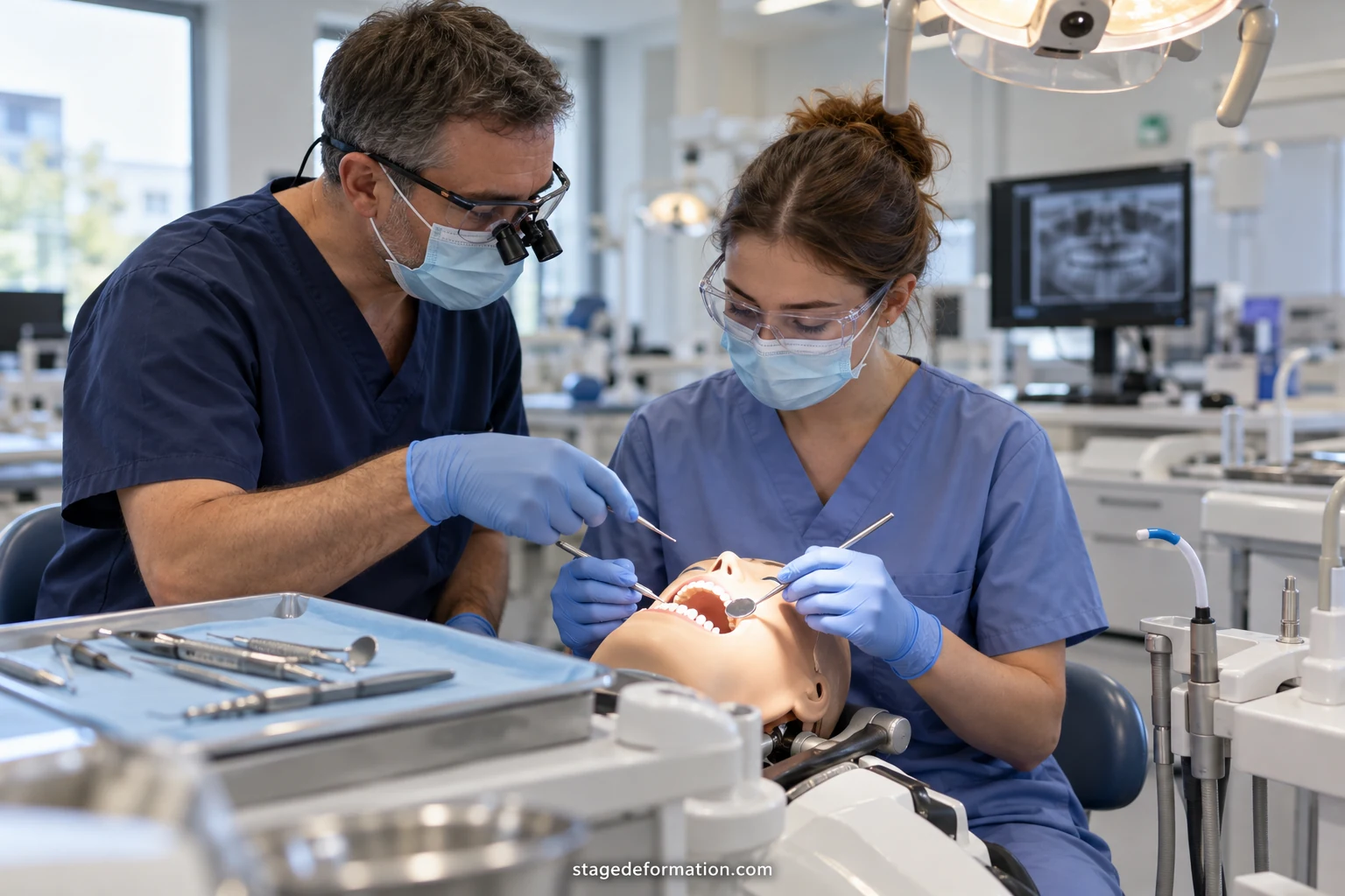 Étudiant en chirurgie dentaire équipé de gants et de loupes travaillant dans un cabinet dentaire lumineux