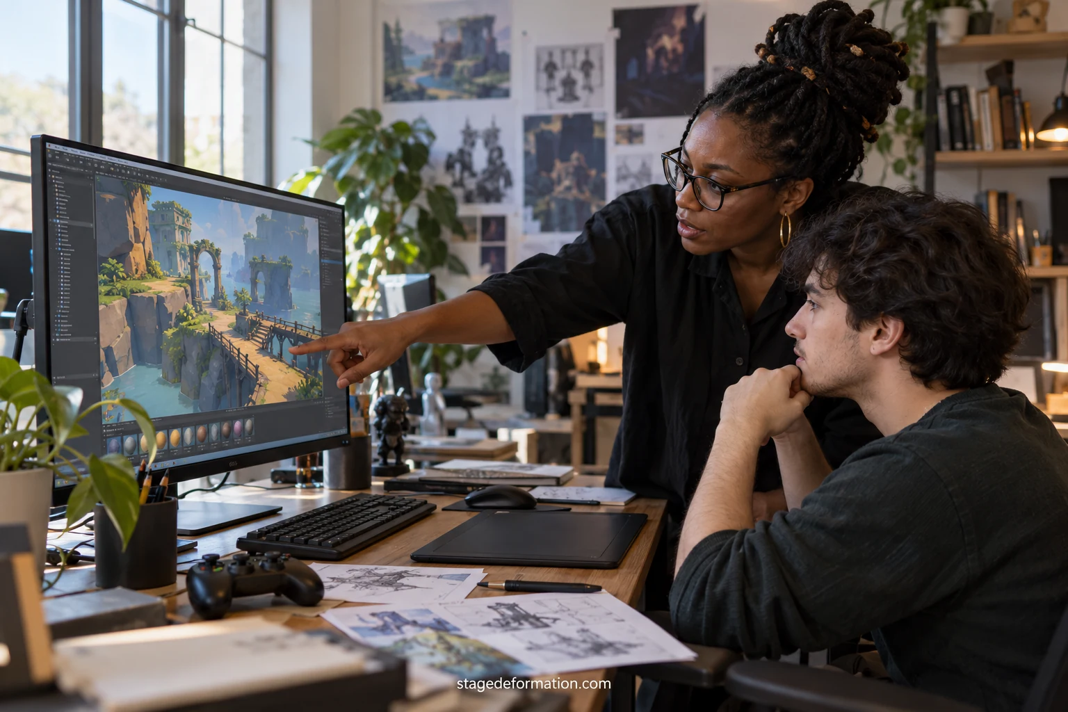 Tres jóvenes creadores prueban un nivel en una pantalla de un estudio, con bocetos de personajes al fondo
