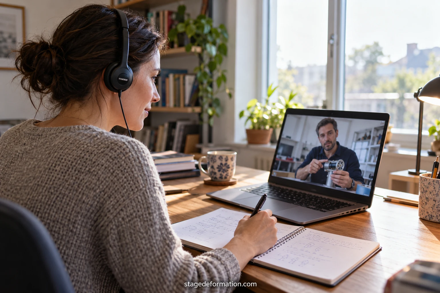 Estudiante que trabaja desde casa en una videollamada con su tutor a través de un ordenador portátil