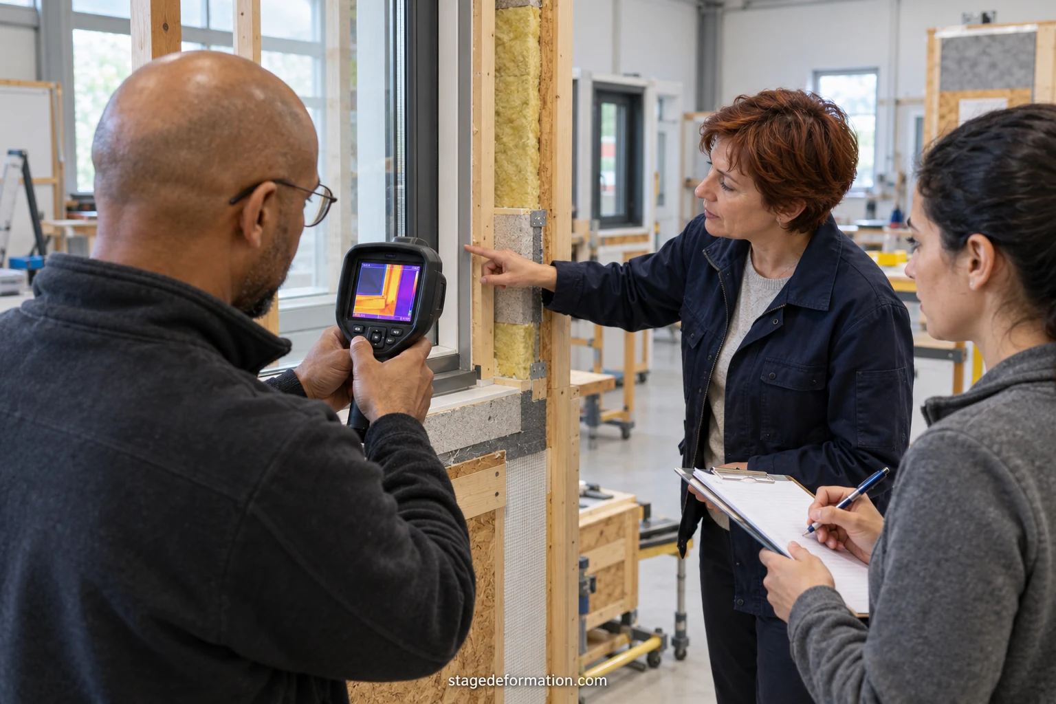 Erwachsener in Arbeitskleidung verfolgt in einer Werkstatt der beruflichen Bildung eine praktische Vorführung