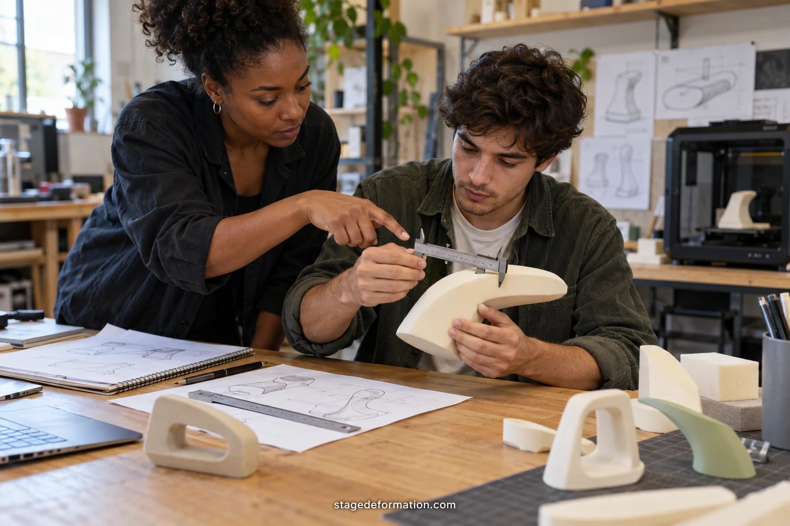 Designer produit tenant un prototype en mousse sur un établi encombré de croquis et d'outils de modélisation