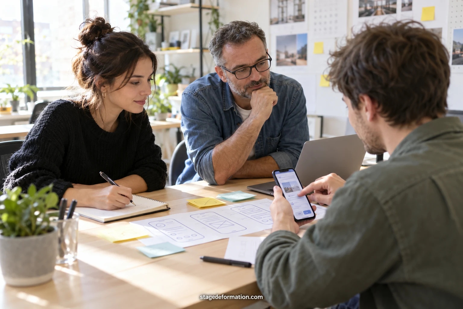 A designer presents printed app mock-ups pinned to a wall to two colleagues during a design workshop