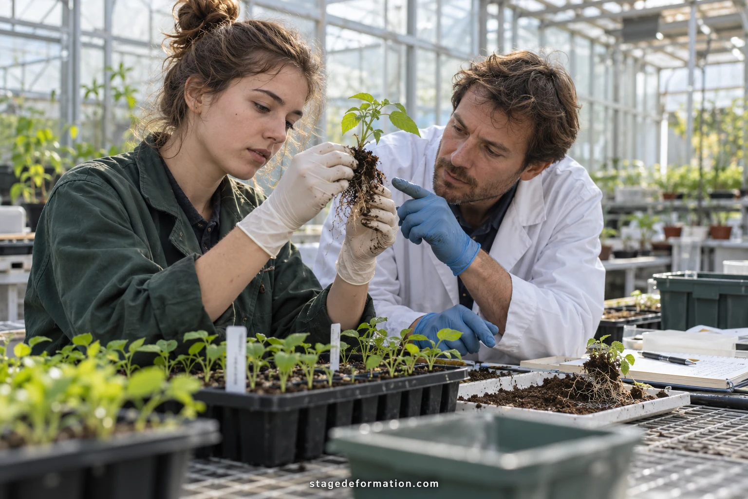 Étudiant en agronomie observant des cultures dans un champ avec un carnet de terrain
