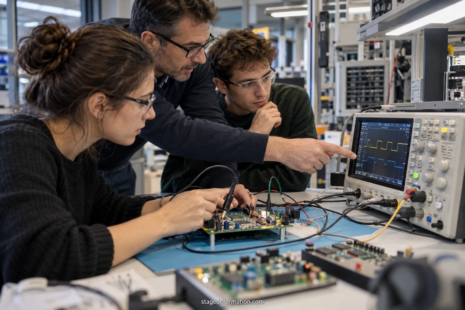 Estudiante e ingeniera examinando un prototipo sobre un banco de trabajo junto a un ordenador con curvas