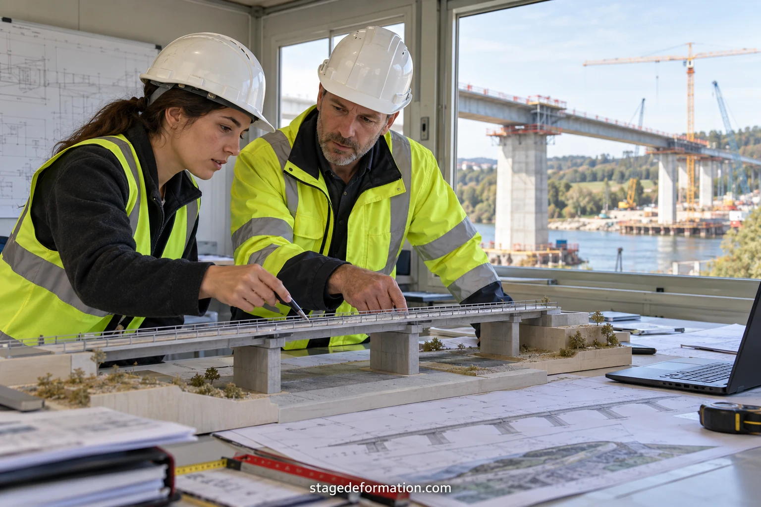 Junge Ingenieurinnen und Ingenieure mit Schutzhelm prüfen Baupläne vor einer Baustelle für ein Ingenieurbauwerk