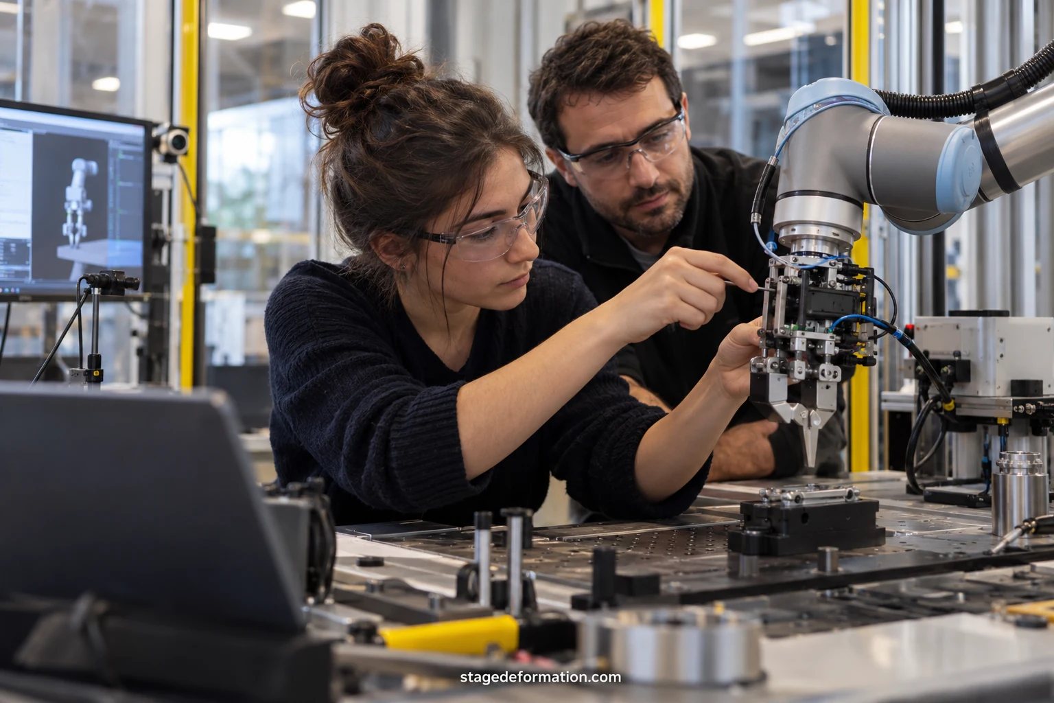 Ingenieurstudierende arbeiten gemeinsam an einem technischen Projekt in einem Hochschullabor in Lyon