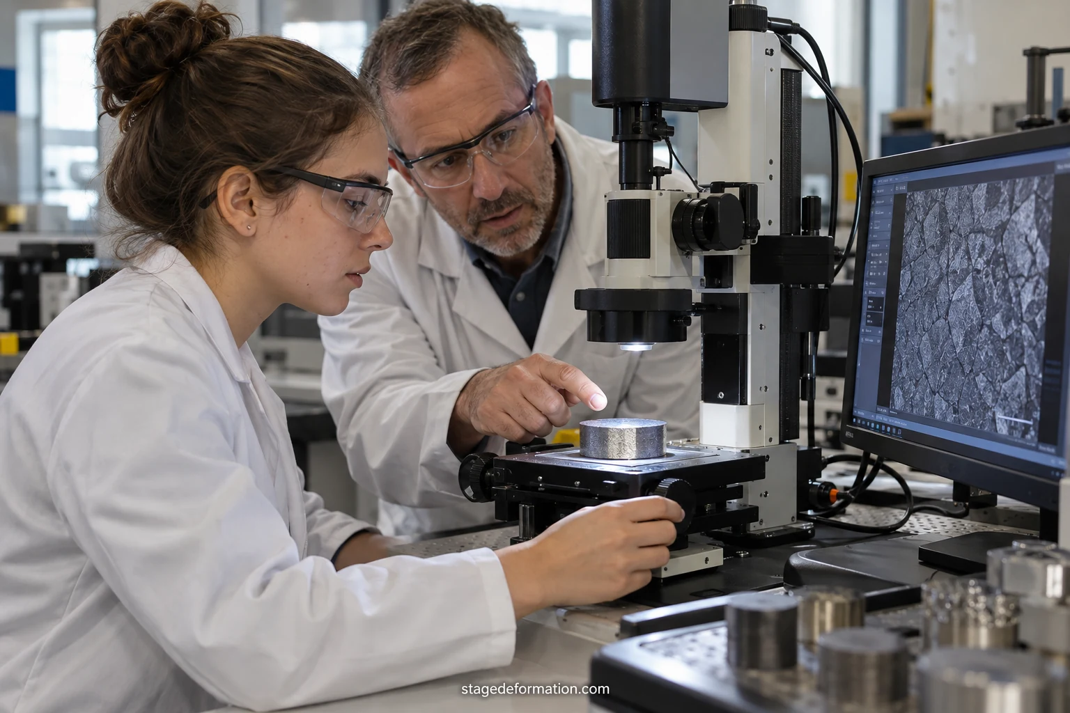 Engineering student examining a material sample at the measuring station of a research laboratory