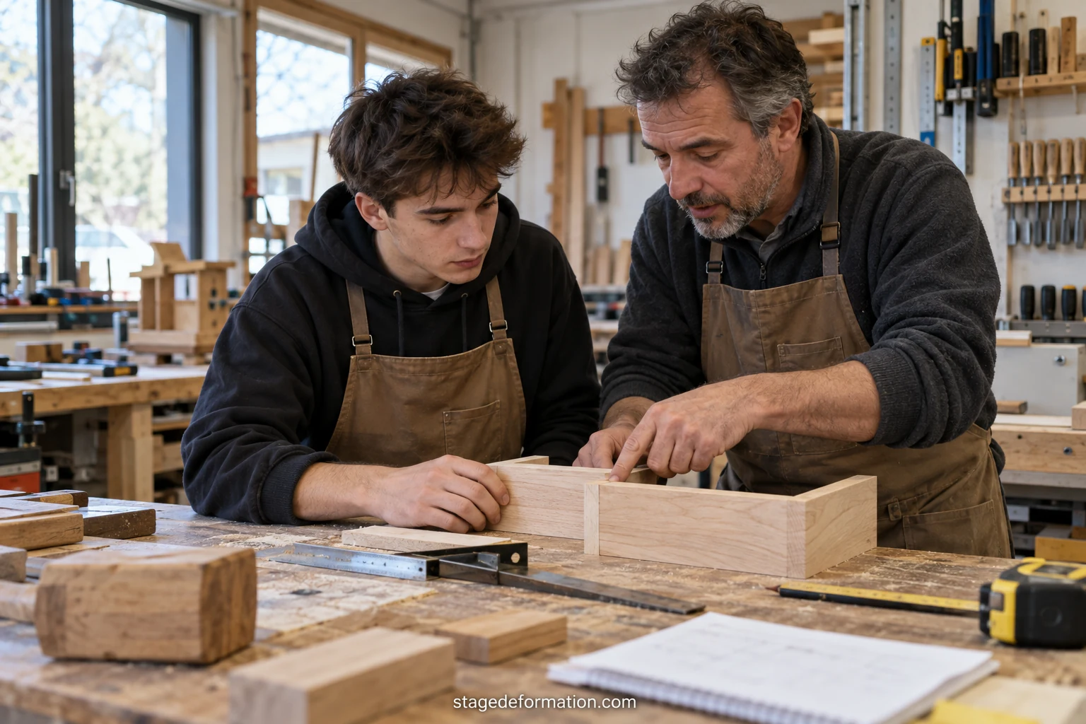 Young adult in work clothes watching an experienced professional explain a task in a workshop