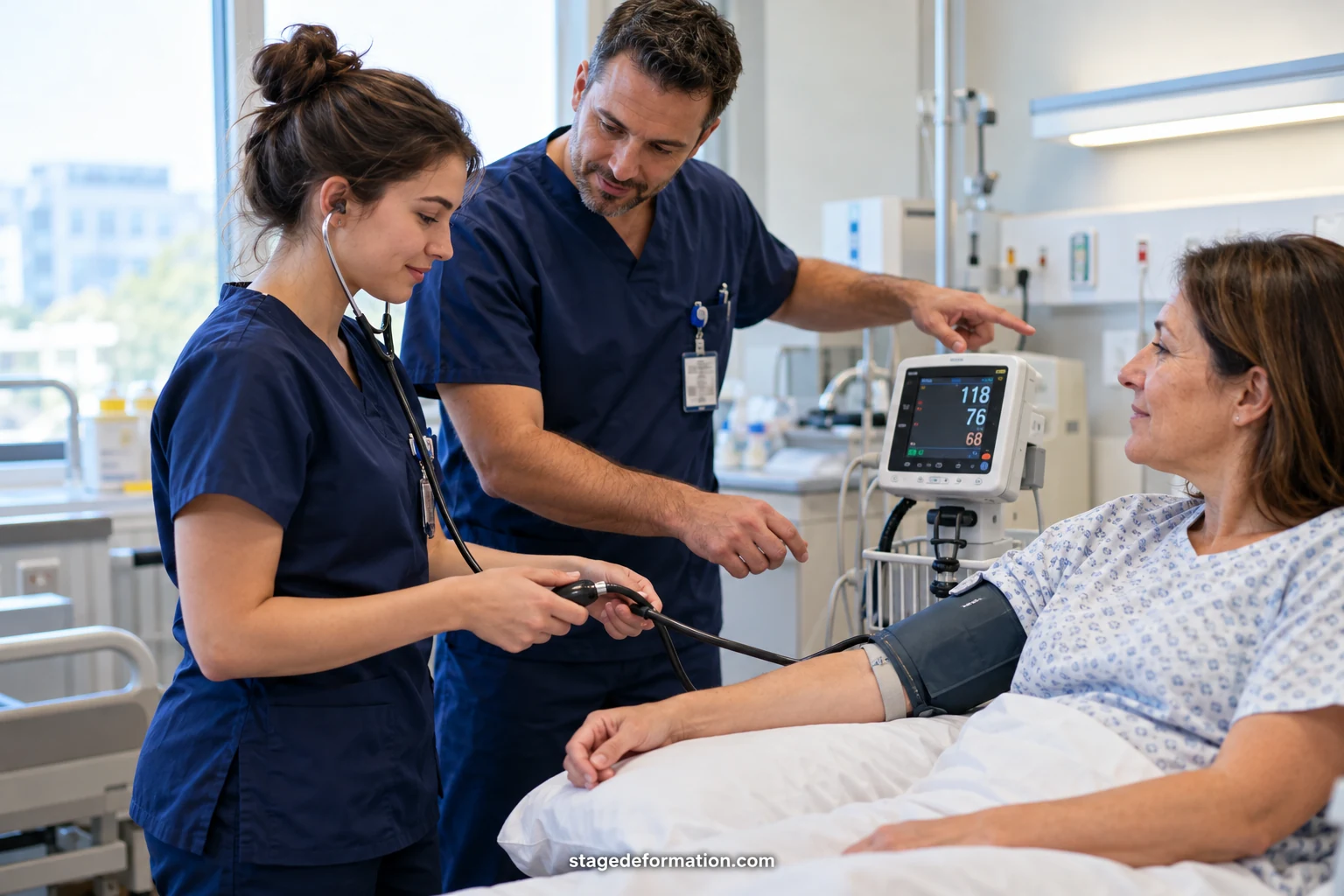 Pflegestudentin und examinierte Pflegefachfrau bereiten in einem Krankenhauszimmer gemeinsam eine Pflegemaßnahme bei einem Patienten vor