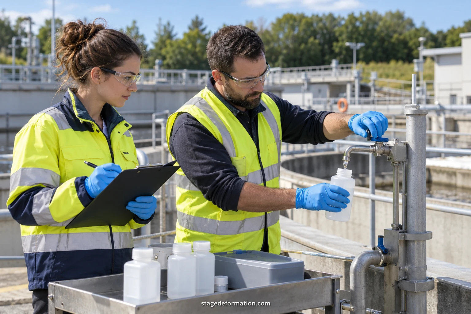 Technicien et stagiaire en tenue de sécurité examinant un bassin de traitement d’eau sur un site d’exploitation