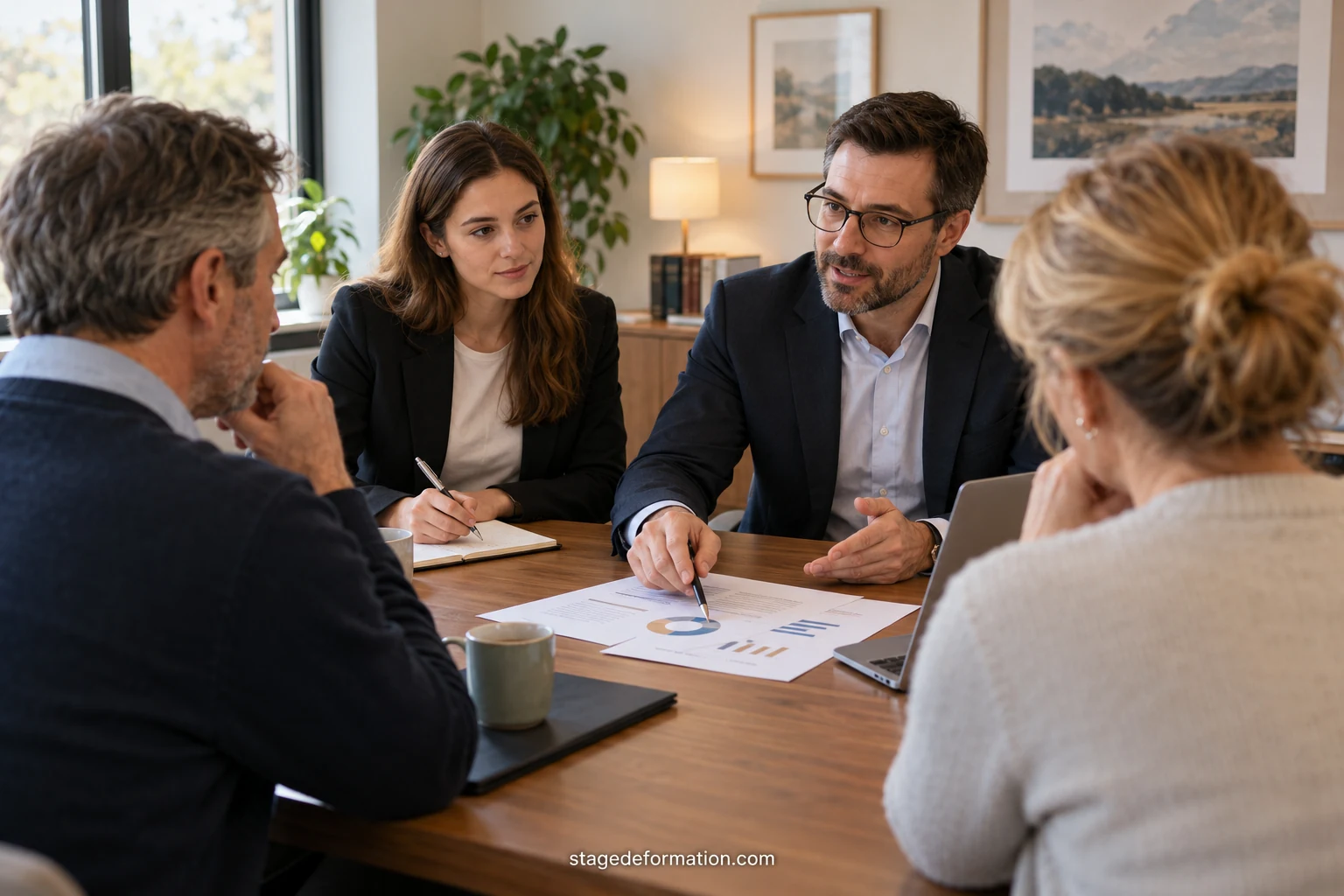 Wealth adviser and client reviewing a financial situation file together across a desk