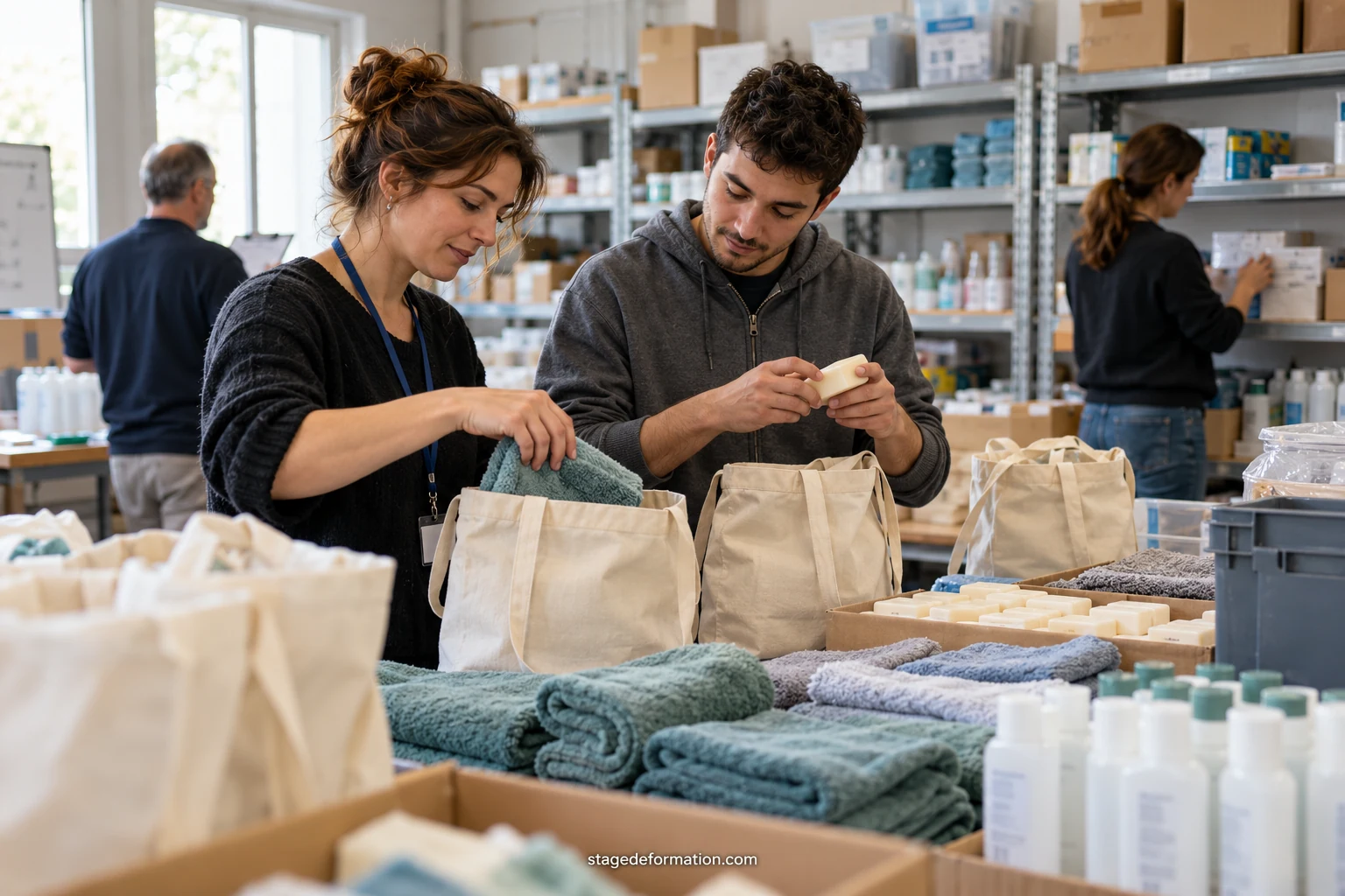 Équipe de bénévoles et de stagiaires triant des colis de denrées dans un entrepôt associatif