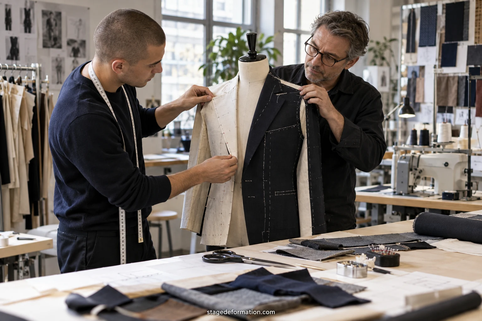 Fashion student presenting sketches and fabric samples in a Paris workshop